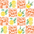 Watercolor ornament square pattern, yellow and Living Coral print. Summer pattern Lemon Sicily for the textile fabric and wallpap