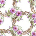 Watercolor ornamet of pink flower. Floral botanical flower. Seamless background pattern.