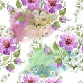 Watercolor ornamet of pink flower. Floral botanical flower. Seamless background pattern.