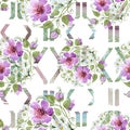 Watercolor ornamet of pink flower. Floral botanical flower. Seamless background pattern. Royalty Free Stock Photo