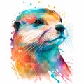 Watercolor otter portrait colorful painting. Realistic wild animal illustration. Created with Generative AI technology