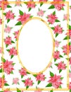 Watercolor oval Christmas frame with a place for the inscription with poinsettia flowers. Postcard for congratulations or