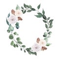 Watercolor oval christmas frame with white roses pine cones leaves plant herb