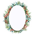 Watercolor oval floral frame with winter plants. Hand painted eucalyptus and fir branches, cones, stars, berries and Royalty Free Stock Photo