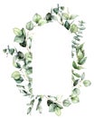 Watercolor oval frame of eucalyptus leaves, branches and seeds. Hand painted card of silver dollar plants isolated on