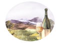 Watercolor oval landscape illustration with bottle and glass in front of the vineyards. Wine label Royalty Free Stock Photo