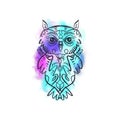 Owl tattoo outline. Boho tribal style. Line ethnic ornaments. Poster, spiritual art, symbol of wisdom. Antistress art