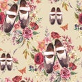 Watercolor oxford shoes vintge seamless pattern, floral dark academia texture