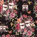 Watercolor oxford shoes vintge seamless pattern, floral dark academia texture