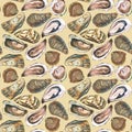 Watercolor oysters seamless pattern on light brown bac