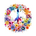 Watercolor pacifist peace symbol with flowers on white background.