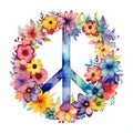 Watercolor pacifist peace symbol with flowers on white background.