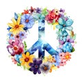 Watercolor pacifist peace symbol with flowers on white background.