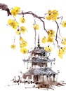 Watercolor pagoda and blossom tree Royalty Free Stock Photo