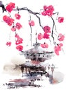 Watercolor pagoda and blossom tree