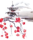 Watercolor pagoda and blossom tree Royalty Free Stock Photo