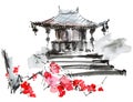 Watercolor pagoda and blossom tree Royalty Free Stock Photo