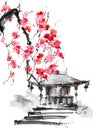Watercolor pagoda and blossom tree Royalty Free Stock Photo