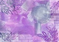 Watercolor paint abstract background with brick wall texture and floral leaf elements. Purple, violet and gray spot and Royalty Free Stock Photo