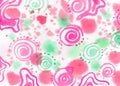 Watercolor paint abstract on white Background of Splot and Splash. Pink, green and red Spot, spiral and Blop texture Royalty Free Stock Photo