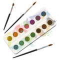 Watercolor Paint Box Used Spotted Blotchy Paintbrushes Dirty