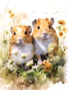 Watercolor Paint of a couple guinea pigs in grass scene Royalty Free Stock Photo