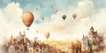 watercolor paint of fabulous houses and castles with big hot air balloons