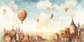 watercolor paint of fabulous houses, streets and castles with big hot air balloons