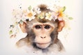 Watercolor paint illustration of baby macaca monkey portrait in flowers on white