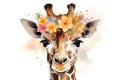 Watercolor paint illustration of giraffe portrait in flowers on white Royalty Free Stock Photo