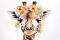Watercolor paint illustration of giraffe portrait in flowers on white Royalty Free Stock Photo