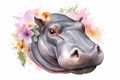 Watercolor paint illustration of hippopotamus face in flowers