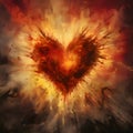 Watercolor paint on painted fiery heart with flames all around. Heart as a symbol of affection and