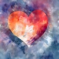 Watercolor paint, painted red, orange heart around blue colors. Heart as a symbol of affection and Royalty Free Stock Photo