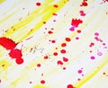 Watercolor paint pink yellow blurred waxy gold spots colorful hues, strokes of brush, backgrounnd Royalty Free Stock Photo