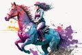 Watercolor and paint splatter illustration cute girl on horseback colorful isolated Royalty Free Stock Photo