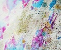 Watercolor paint vivid waxy colorful shapes and sparkling lights, abstract background Royalty Free Stock Photo