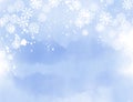 Watercolor painted abstract winter landscape in blue colors with snow flakes and snow crystals. With copy space.