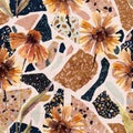 Watercolor painted autumn flowers in golden colors on terrazzo flooring background