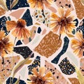 Watercolor painted autumn flowers in golden colors on terrazzo flooring background