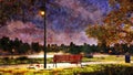 Bench in park at autumn night watercolor landscape Royalty Free Stock Photo