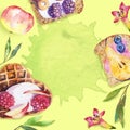 Watercolor painted background with healthy food