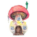 Watercolor painted fantasy fairy house in mushroom