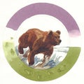 Watercolor painted bear on a multicolored round background