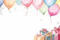 Watercolor painted birthday banner consisting of gifts Celebratory decorations and balloons, soft pastel shades against