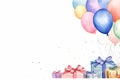 Watercolor painted birthday banner consisting of gifts Celebratory decorations and balloons, soft pastel shades against