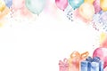 Watercolor painted birthday banner consisting of gifts Celebratory decorations and balloons, soft pastel shades against