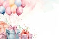 Watercolor painted birthday banner consisting of gifts Celebratory decorations and balloons, soft pastel shades against