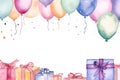 Watercolor painted birthday banner consisting of gifts Celebratory decorations and balloons, soft pastel shades against