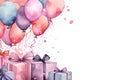 Watercolor painted birthday banner consisting of gifts Celebratory decorations and balloons, soft pastel shades against